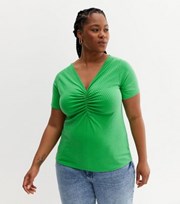 New Look Curves Green Ribbed Ruched V Neck T-Shirt
